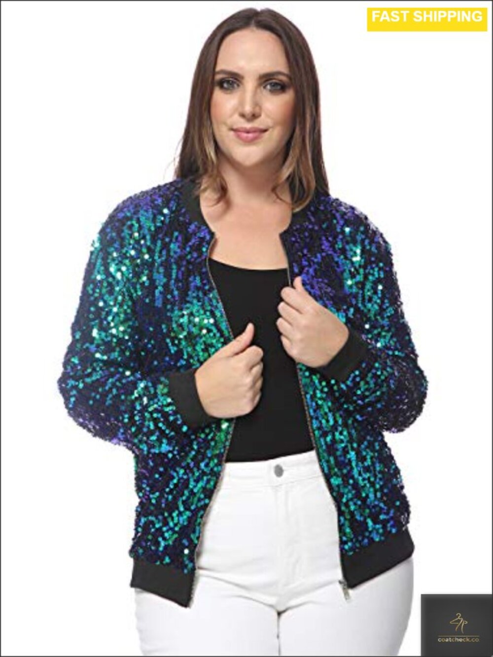 Anna-Kaci Plus Size Sequin Bomber Jacket Zip Up Party Coat
